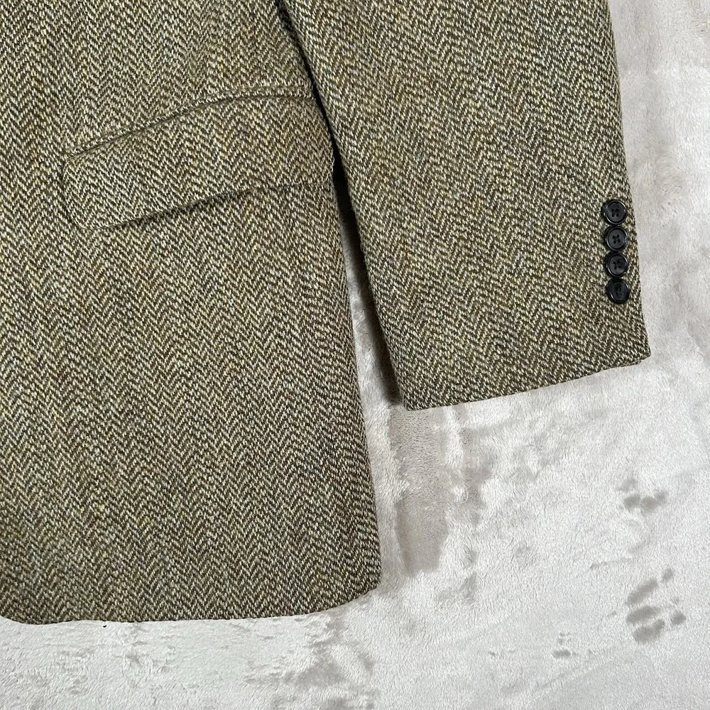 VTG Harris Tweed Blazer Mens 44L Brown Herringbone Wool Handwoven Sport Coat